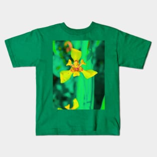 Yellow lily blossom on turquoise green background Kids T-Shirt